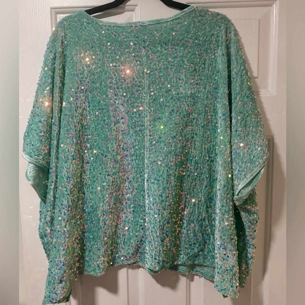 BRAND NEW WHITE BIRCH MINT GREEN VELOUR FEEL V-NECK SEQUIN TOP WITH POCKET - Picture 2 of 2